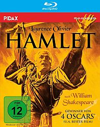 "Hamlet": Abbildung DVD-Cover mit freundlicher Genehmigung von Pidax Film, welche die "Oscar"-preisgekrnte Shakespeare-Verfilmung von (Regie) und mit Laurence Olivier in der Titelrolle Mitte August 2025 auf DVD herausbrachte.