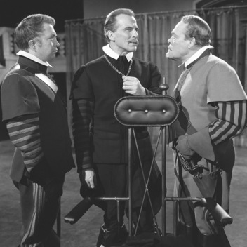 Ernst Wilhelm Borchert (Mitte) als "Wallenstein" mit Wolfgang Kieling (l., Terzky) und Alexander Golling (r., Illo) in dem TV-Zweiteiler "Wallenstein" (1961); Autor: Friedrich Schiller; Regie: Franz Peter Wirth; Foto mit freundlicher Genehmigung von SWR Media Services; Copyright SWR