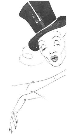 Marlene Dietrich in einer Karikatur (1954) von Hans Pfannmller (1916  1989); Quelle: Nachlass des Urhebers  bzw. Wikimedia Commons; Genehmigung/Rechteinhaber: Erbberechtigte Tochter des Urhebers Frau Sanderein Adler; Lizenz: CC-BY-SA 3.0. 