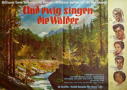 Filmplakat zu "Und ewig singen die Wälder"; Urheber Helmuth Ellgaard; Lizenz CC BY-SA 3.0, autorisiert durch Nutzungsrechte-Inhaber bzw. Sohn Holger Ellgaard; Quelle: Wikimedia Commons