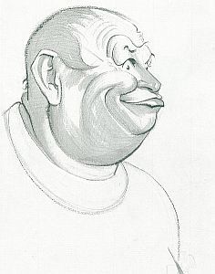Gert Fröbe in einer Karikatur (1976) von Hans Pfannmüller (1916 – 1989); Quelle: Nachlass des Urhebers  bzw. Wikimedia Commons; Genehmigung/Rechteinhaber: Erbberechtigte Tochter des Urhebers Frau Sanderein Adler Lizenz: CC-BY-SA 3.0