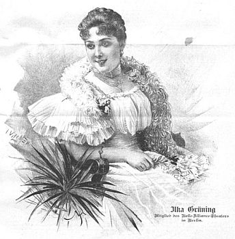 Ilka Grüning in der Wiener Zeitschrift "Der Humorist" (1. März 1898, 18. Jahrgang, Nr. 7); Quelle: Wikimedia Commons; Urheber: Jan Vilímek (1860–1938); digitalisiert von der Österreichischen Nationalbibliothek; Lizenz: gemeinfrei