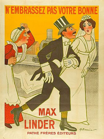 Filmplakat zu dem Stummfilm "N'embrassez pas votre bonne" (1914); Urheber: Adrien Barrère (1874–1931); Quelle: Wikimedia Commons von "Museum für Kunst und Gewerbe", Hamburg, Inventarnummer: EP1989.298; Lizenz: gemeinfrei