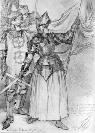Amanda Lindner am "Hoftheater Meiningen" als "Jungrau von Orleans" (1891); Quelle: Bildmappe "Die Meininger" (1890) von Christian Wilhelm Allers (1857 – 1915) bzw. Wikimedia Commons