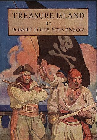 Buchcover "Treasure Island" aus dem Jahre 1911 (Verlag "Charles Scribner's Sons"), illustriert von dem berhmten US-amerikanischen Maler Newell Convers Wyeth (18821945); Quelle: Wikimedia Commons