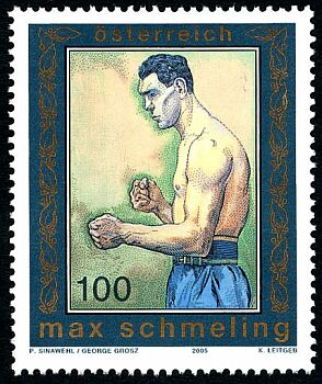 Sonderpostmarke "Max Schmeling" der sterreichischen Post AG; Erscheinungsdatum: 01.03.2005;  Entwurf: Peter Sinawehl / George Grosz;  Stich: Kurt Leitgeb; Verffentlichung mit freundlicher Genehmigung der "sterreichischen PostAG"