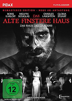 "Das Haus des Grauens" (1932, "The Old Dark House"), gedreht von James Whale nach dem Roman "Von der Nacht berrascht" ("Benighted") von John Boynton Priestley; Abbildung DVD-Cover mit freundlicher Genehmigung von "Pidax Film", welche den Horror-Streifen am 23. September 2022 auf DVD herausbrachte.