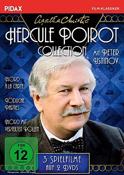 Agatha Christie Hercule Poirot-Collection: "Mord  la Carte", "Mord mit verteilten Rollen" und "Tödliche Parties": Abbildung DVD-Cover mit freundlicher Genehmigung von Pidax-Film, welche die Produktionen Ende April 2020 auf 3 DVDs herausbrachte.