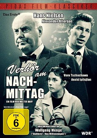 DVD-Cover zu dem Krimi "Verhör am Nachmittag (1965) mit Hans Nielsen (l.) als Kriminalrat Ücker und Alexander Allerson1) (r.) als Kommissar Krempel von Kölner Mordkommission; Vera Tschechowa spielte die Barbara Winkler, die mit dem Mordopferin Verbindung stand; Regie: Walter Davy1); Abbildung freundlicherweise zur Verfügung gestellt von "Pidax film", welche die Produktion im Juli 2012 auf DVD herausbrachte.