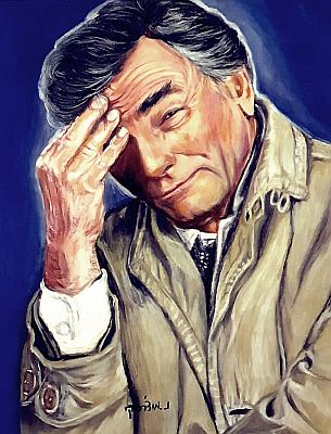 Peter Falk als "Columbo, gezeichnet von Nava Mucharsky; Quelle: Wikimedia Commons von File:Nava_Mucharsky_-_Columbo.jpg; Autor: Artloverz; Lizenz:  CC BY-SA 4.0 Deed