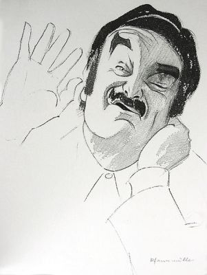 Jürgen von Manger in einer Karikatur (1975) von Hans Pfannmüller (19161989); Quelle: Nachlass des Urhebers  bzw. Wikimedia Commons; Genehmigung: Erbberechtigte Tochter des Urhebers Frau Sanderein Adler; Lizenz: CC-BY-SA 3.0. 