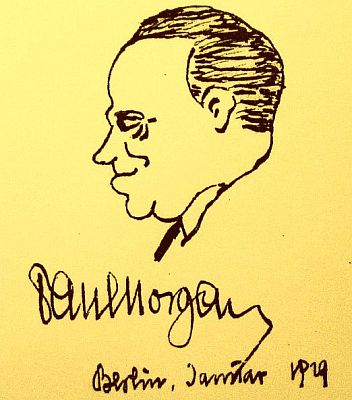 Paul Morgan: Karikatur/Selbstbildnis 1929, veröffentlicht in "Mein Film" (Nr. 182); Urheber: Paul Morgan; Quelle: Wikimedia Commons von "Österreichisches Biographisches Lexikon"; Lizenz: gemeinfrei
