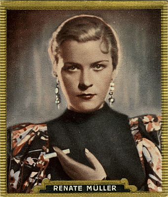 Renate Müller auf einer Künstlerkarte, veröffentlicht 1934 in der Reihe "Die bunte Welt des Films" von der "Haus Bergmann Tobacco Company"; Urheber unbekannt; Quelle: virtual-history.com; Lizenz: gemeinfrei