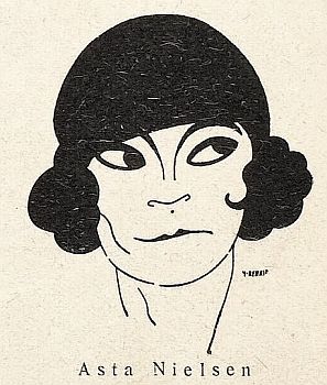 Portrait der Asta Nielsen von Hans Rewald (1886  1944), veröffentlicht in "Jugend"  Münchner illustrierte Wochenschrift für Kunst und Leben (Ausgabe Nr. 20/1929 (Mai 1929)); Quelle: Wikimedia Commons von "Heidelberger historische Bestände" (digital); Lizenz: gemeinfrei