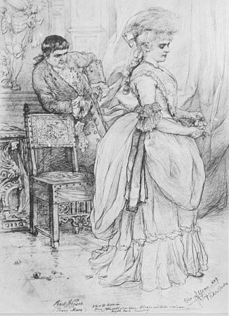 Auguste Prasch-Grevenberg am "Hoftheater Meiningen" 1889 mit Karl Weiser in Schiller "Die Räuber; aus Bildmappe "Die Meininger" von Christian Wilhelm Allers (18571915); Quelle: Wikipedia bzw. Wikimedia Commons