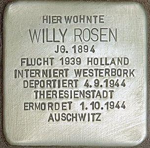 "Stolperstein" für Willy Rosen; Urheber: Wikimedia-User OTFW (Berlin); Lizenz: CC BY-SA 3.0; Quelle: Wikimedia Commons