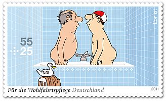 Sonderpostwertzeichenmotive "Für die Wohlfahrtspflege 2011Motive von Loriot" (Herren im Bad); Erstausgabe 3. Januar 2011; Copyright Loriot (www.loriot.de); Veröffentlichung mit freundlicher Genehmigung der Erbengemeinschaft nach Bernhard-Viktor v. Bülow, Ammerland (24.08.2012) sowie des Bundesministeriums der Finanzen (24.01.2011)
