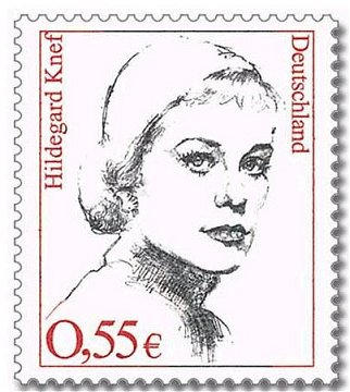 Sonderbriefmarke Hildegard Knef aus der Reihe "Frauen der deutschen Geschichte"; Ausgabetag 27. Dezember 2002; Veröffentlichung mit freundlicher Genehmigung des Bundesministeriums der Finanzen sowie Prof. Gerd Aretz und Oliver Aretz (Gestaltung)