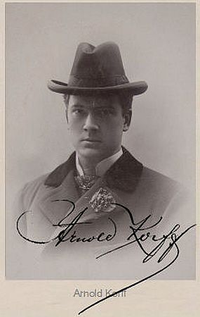 Arnold Korff auf einer Künstlerkarte; Urheber: Jan Vilímek (1860–1938); Quelle: cyranos.ch; Lizenz: gemeinfrei