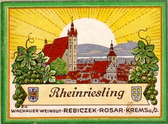 Weinetikett "Rebicek-Rosar", gestaltet von Ernst Kutzer; Copyright Peter Kutzer-Salm 